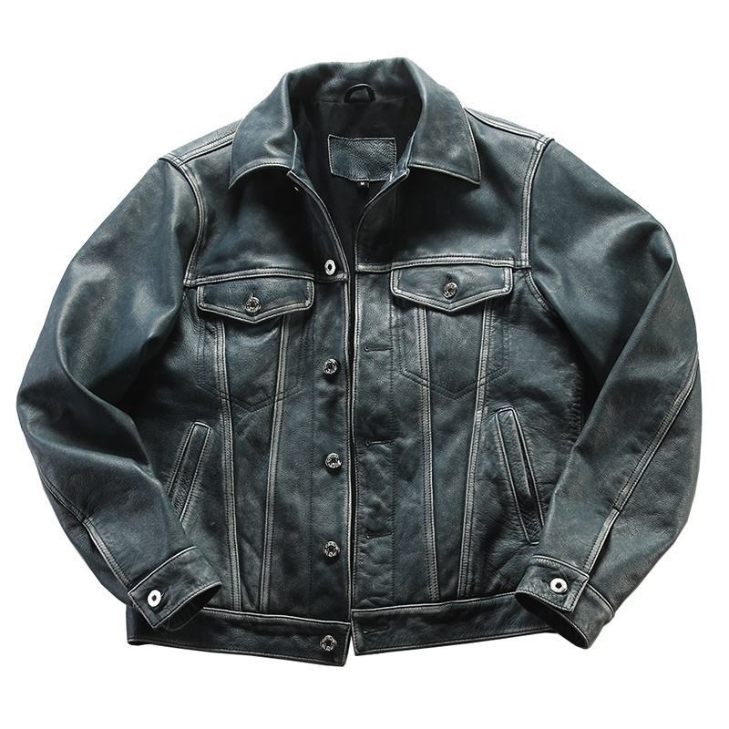 New 506 Heavily Washed Smart Casual Turn-down Collar Denim Blue Cowhide Jacket Real Cow Leather Short Lapel Stylish Men's Jacket