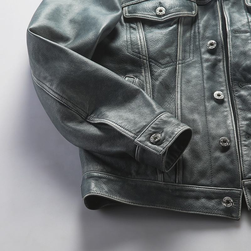 New 506 Heavily Washed Smart Casual Turn-down Collar Denim Blue Cowhide Jacket Real Cow Leather Short Lapel Stylish Men's Jacket