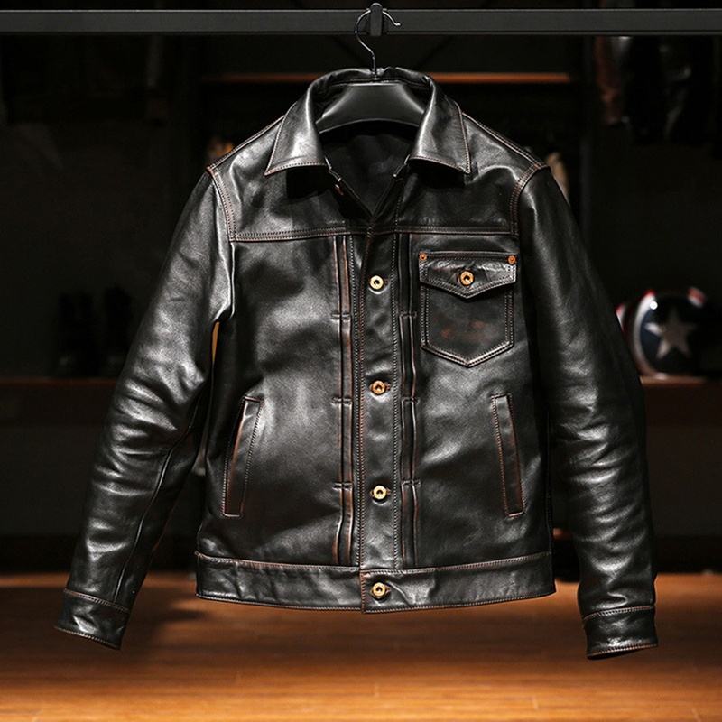 Customized Wholesale High Quality Genuine Leather Clothes Vintage Turn-down Collar Motorcycle Washed Cowskin Jacket Men