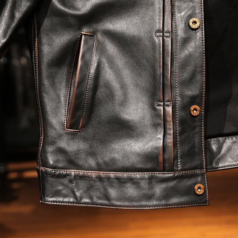 Customized Wholesale High Quality Genuine Leather Clothes Vintage Turn-down Collar Motorcycle Washed Cowskin Jacket Men