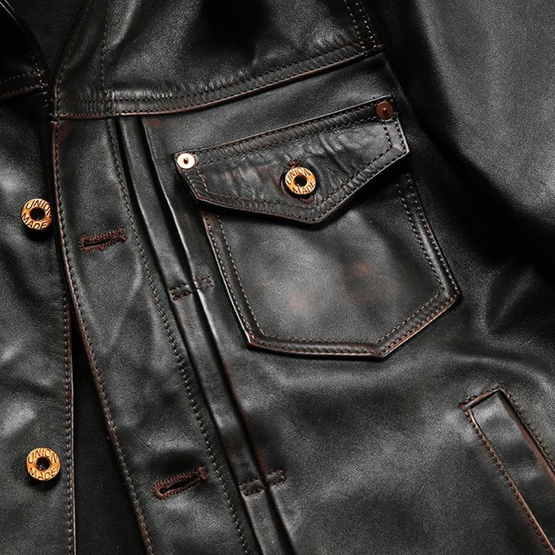Customized Wholesale High Quality Genuine Leather Clothes Vintage Turn-down Collar Motorcycle Washed Cowskin Jacket Men