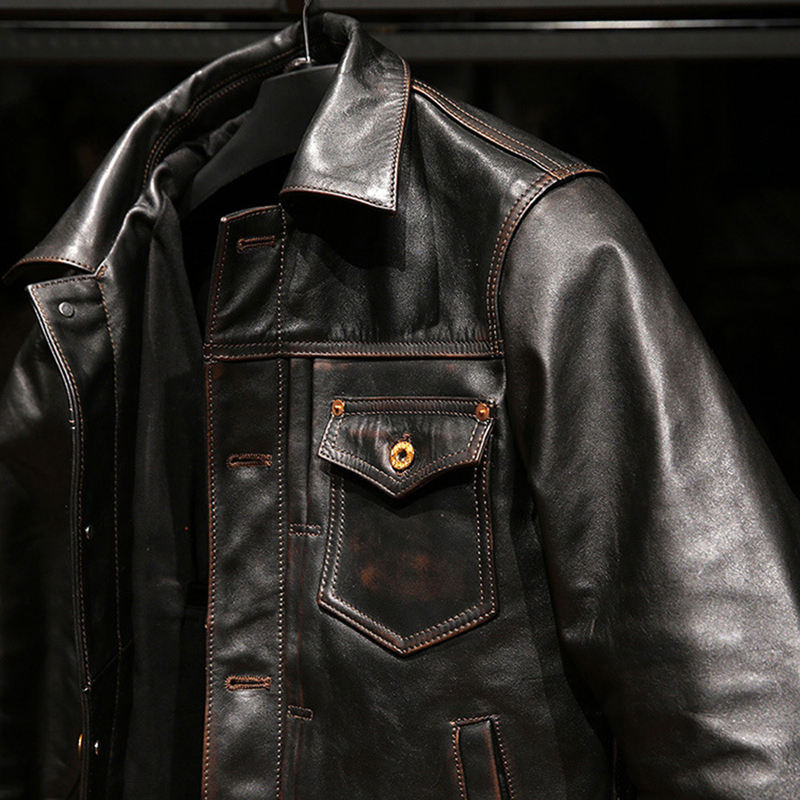 506 High Quality Genuine Leather Clothes Vintage Turn-down Collar Motorcycle Washed Men Cowskin Jacket