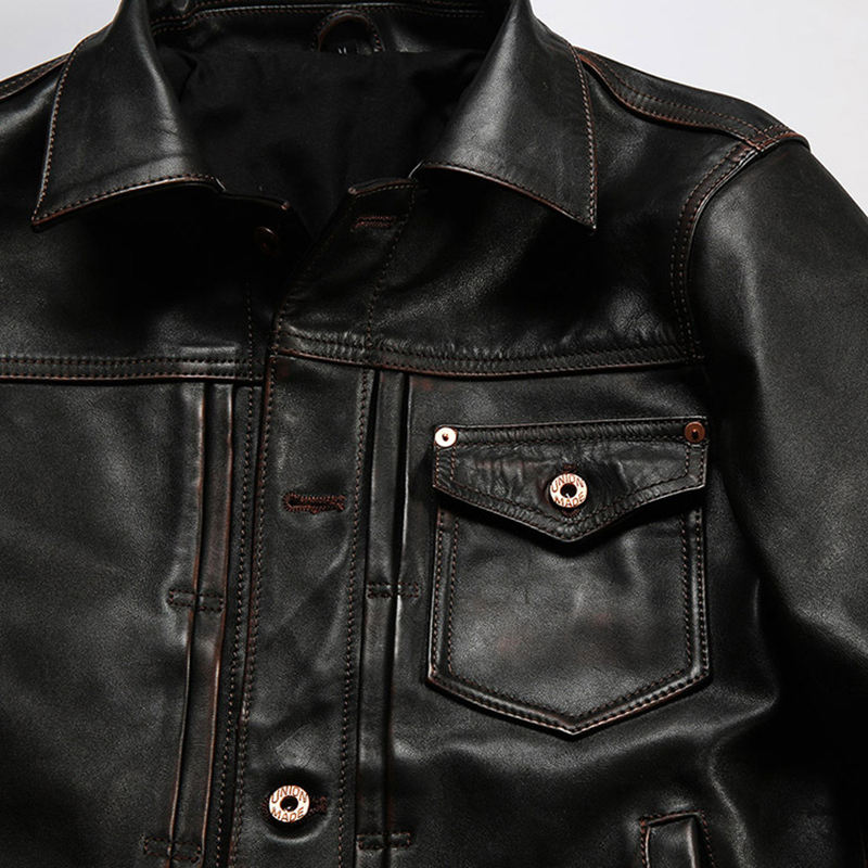 506 High Quality Genuine Leather Clothes Vintage Turn-down Collar Motorcycle Washed Men Cowskin Jacket