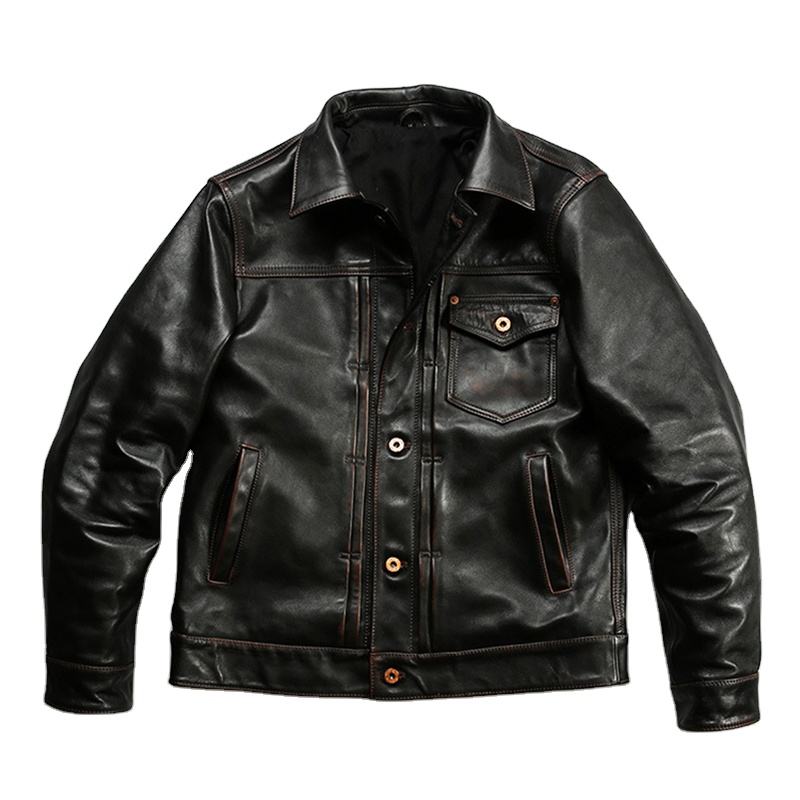 506 High Quality Genuine Leather Clothes Vintage Turn-down Collar Motorcycle Washed Men Cowskin Jacket