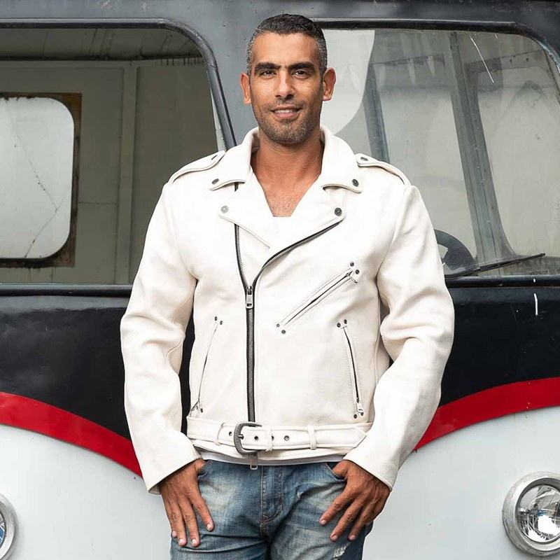 Custom Winter Top Quality Men's Motorcycle White Genuine Leather Jacket Stylish Lapel Waistband Slim Cowhide Cotton Clothings
