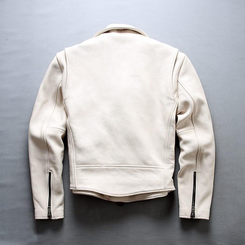 Custom Winter Top Quality Men's Motorcycle White Genuine Leather Jacket Stylish Lapel Waistband Slim Cowhide Cotton Clothings