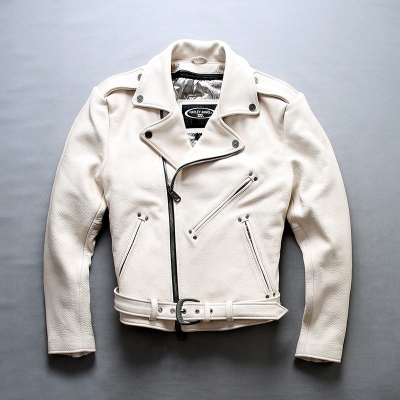 Custom Winter Top Quality Men's Motorcycle White Genuine Leather Jacket Stylish Lapel Waistband Slim Cowhide Cotton Clothings