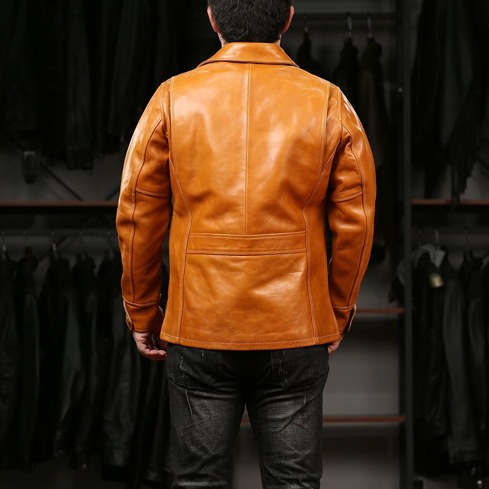 Factory Custom 100% Natural Genuine Leather Jackets Men's Orange Vibrant Multi-pocket Oil Waxed Dermis Cowhide Coat