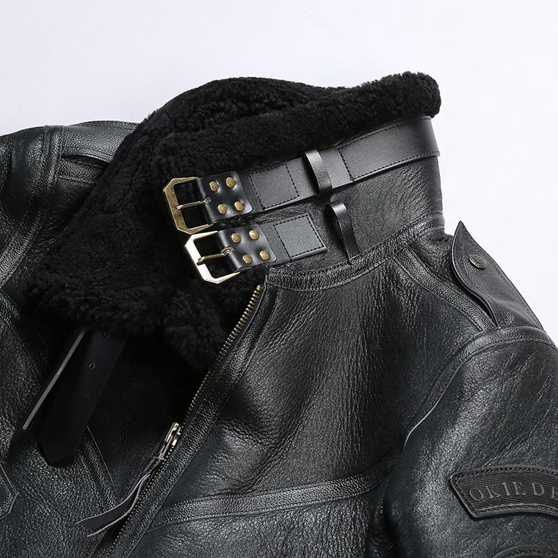 Winter New B3 Bomber Fashion Shearing Fur Thick Sheepskin Jacket Black Short Lapel Moto & Biker Embossed Men's Sheephide