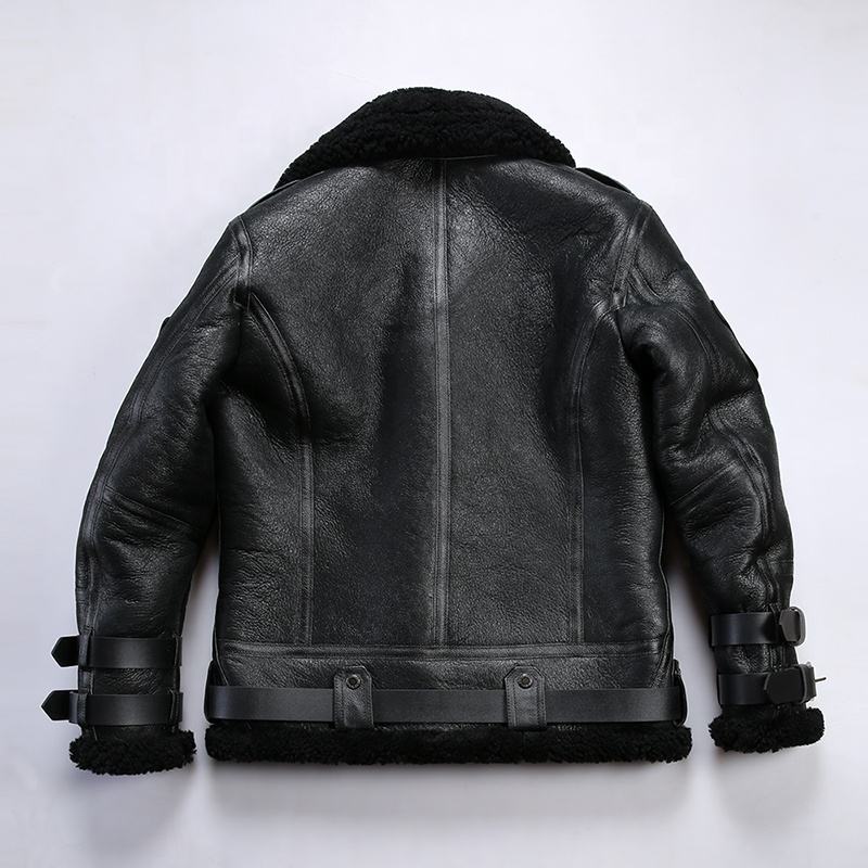 Winter New B3 Bomber Fashion Shearing Fur Thick Sheepskin Jacket Black Short Lapel Moto & Biker Embossed Men's Sheephide