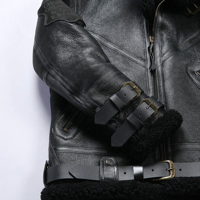 Winter New B3 Bomber Fashion Shearing Fur Thick Sheepskin Jacket Black Short Lapel Moto & Biker Embossed Men's Sheephide