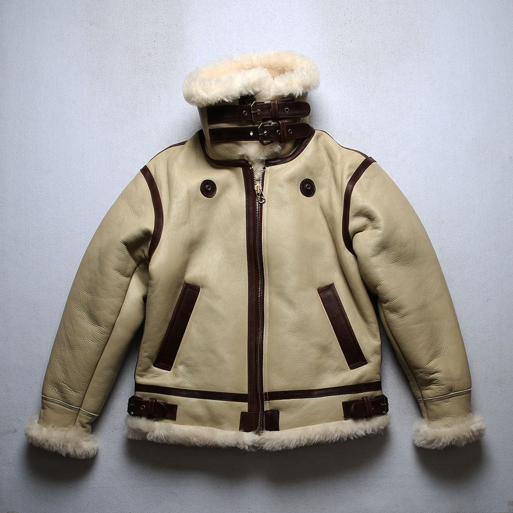 Hot Selling Custom Men's RAF Flight Aviator Fur Shearling Real Sheepskin B3 Bomber pilot White Genuine Leather Jacket White Coat