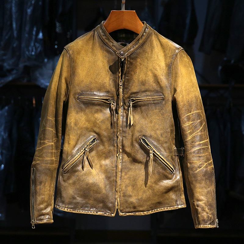 Custom Vintage Dermis Hand-made Old Motorcycle Real Leather Jacket Men's Stand Collar Reengraved RL American Cowhide Coat