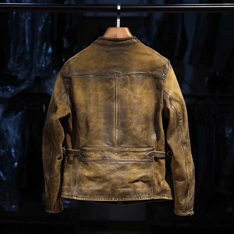 Custom Vintage Dermis Hand-made Old Motorcycle Real Leather Jacket Men's Stand Collar Reengraved RL American Cowhide Coat