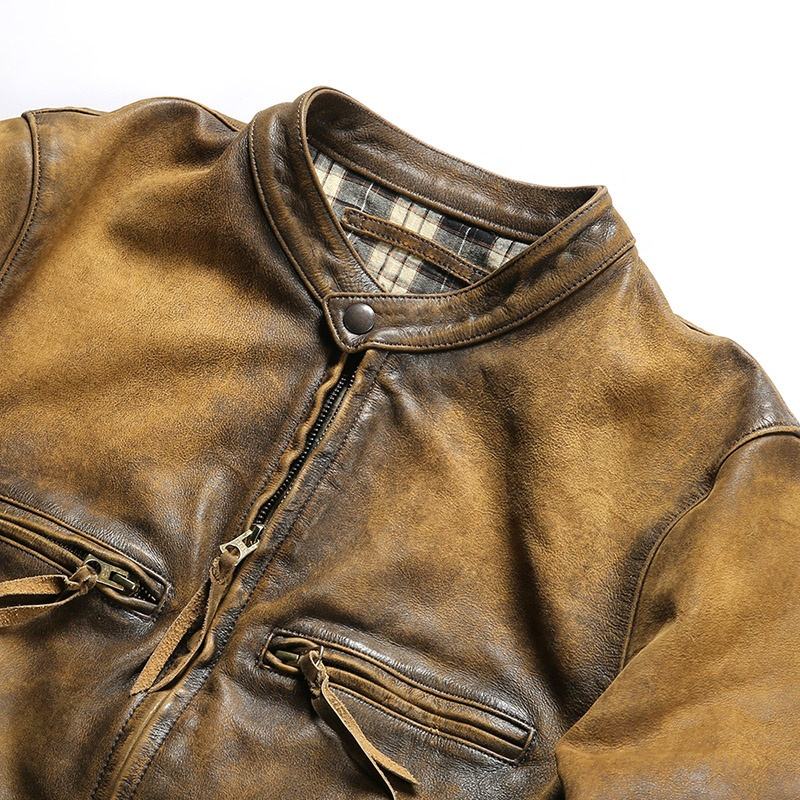 Custom Vintage Dermis Hand-made Old Motorcycle Real Leather Jacket Men's Stand Collar Reengraved RL American Cowhide Coat