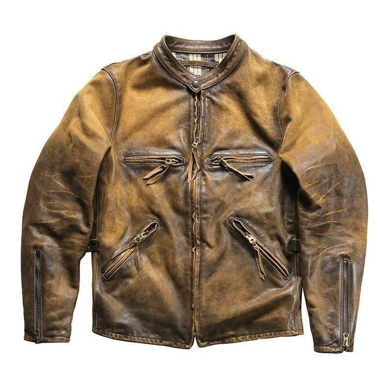 Custom Vintage Dermis Hand-made Old Motorcycle Real Leather Jacket Men's Stand Collar Reengraved RL American Cowhide Coat