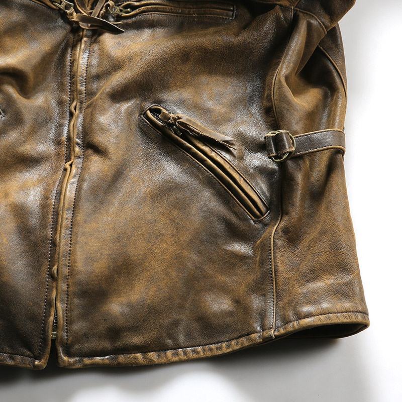 Custom Vintage Dermis Hand-made Old Motorcycle Real Leather Jacket Men's Stand Collar Reengraved RL American Cowhide Coat