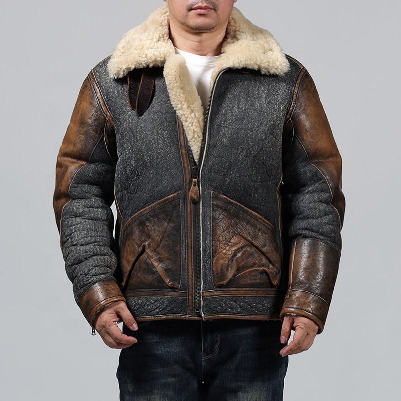 Vintage D3 Bombardier Sheep Skin Jacket Real Fur Denim Leather Sheepskin Coat Men's Winter