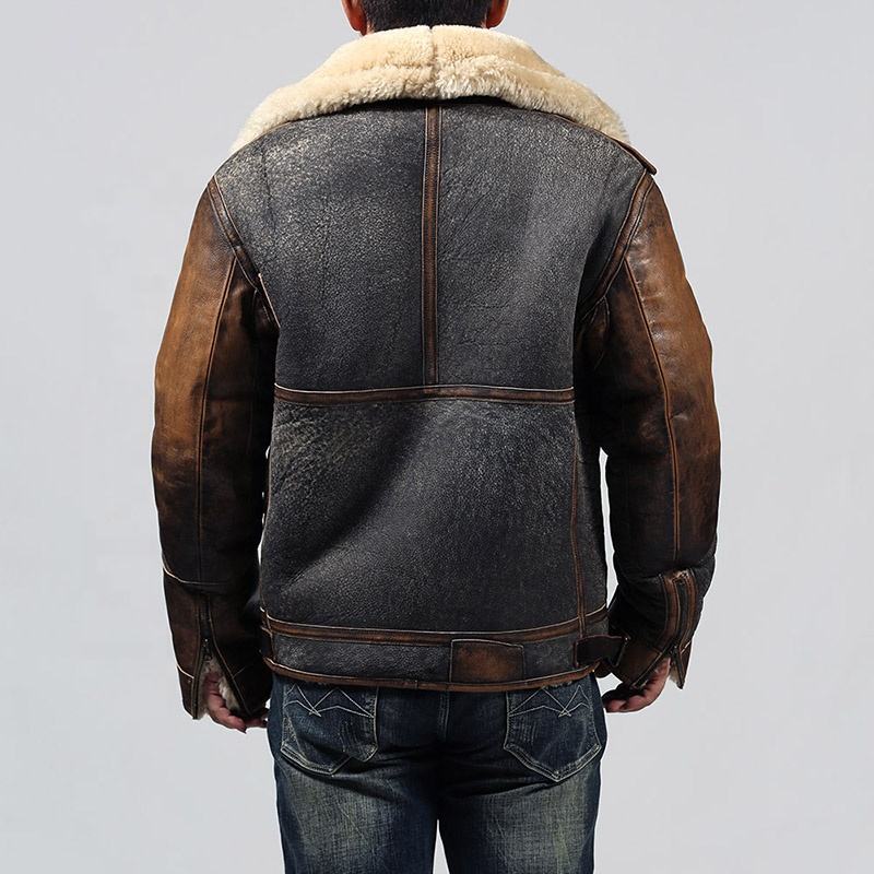 Vintage D3 Bombardier Sheep Skin Jacket Real Fur Denim Leather Sheepskin Coat Men's Winter