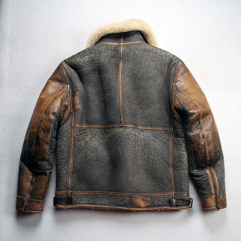 Vintage D3 Bombardier Sheep Skin Jacket Real Fur Denim Leather Sheepskin Coat Men's Winter