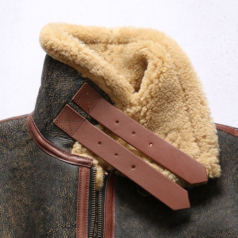 Customize Factory Outlet Retro Distressed B3 Sheep Fur Aviator Pie Overcome Men's Lapel Casual Brown Horse Leather With Fur Coat