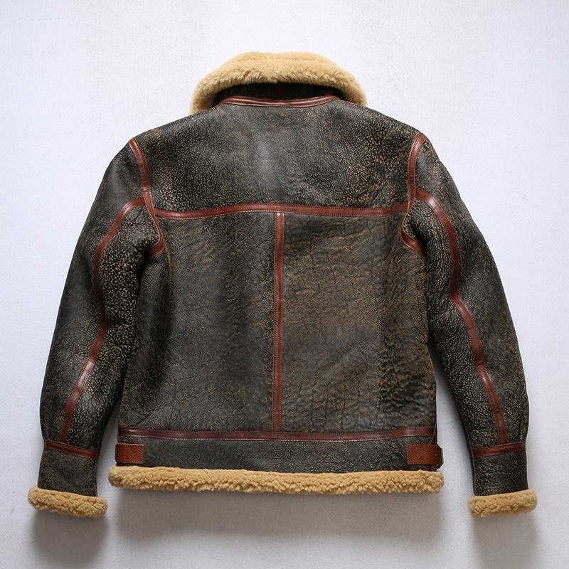 Customize Factory Outlet Retro Distressed B3 Sheep Fur Aviator Pie Overcome Men's Lapel Casual Brown Horse Leather With Fur Coat