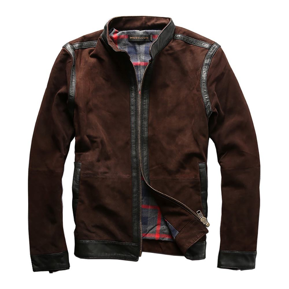 OEM Bespoke Factory Direct Sale Cheap Distressed Retro Suede Cow Skin Men's Stand Collar Brown Genuine Leather Jackets