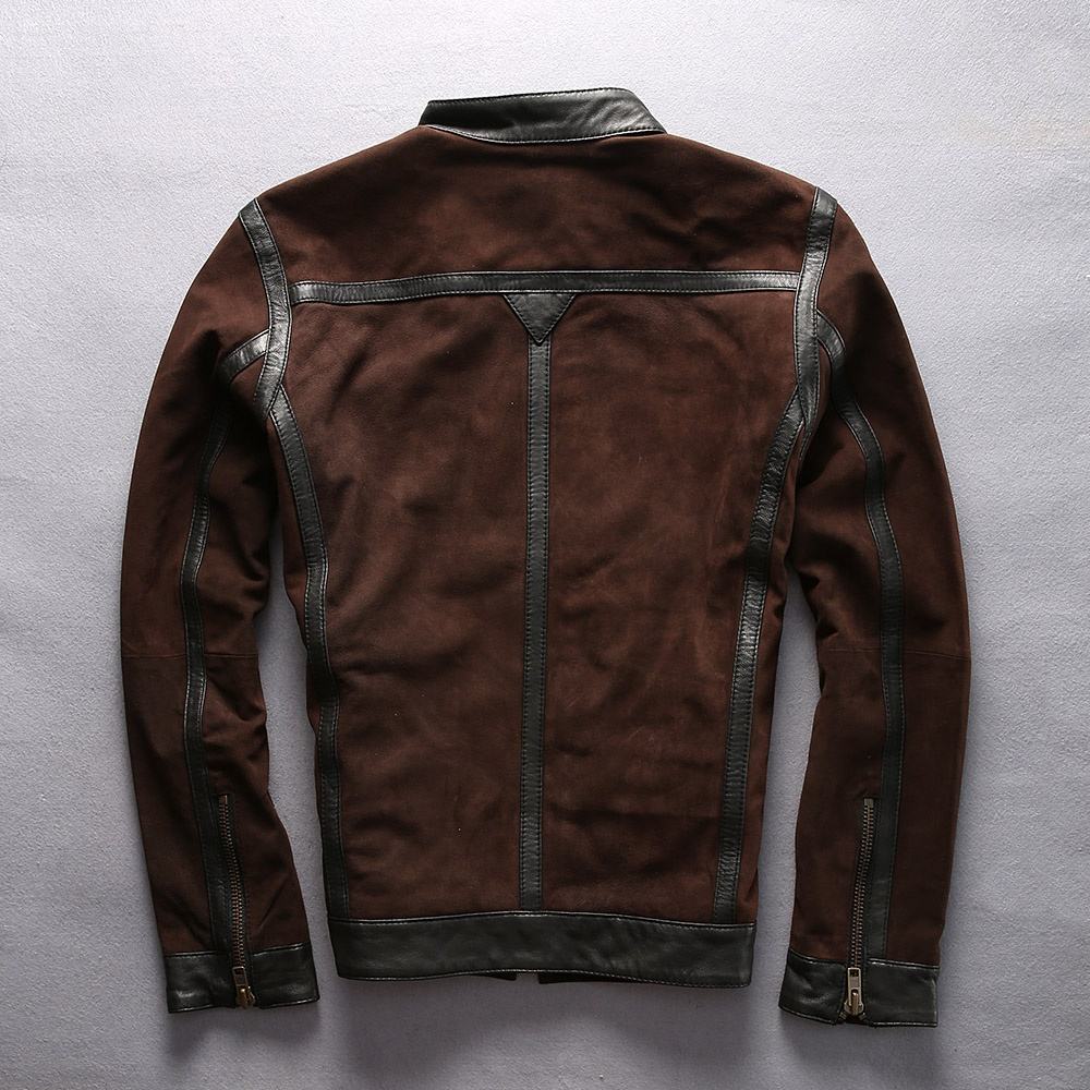 OEM Bespoke Factory Direct Sale Cheap Distressed Retro Suede Cow Skin Men's Stand Collar Brown Genuine Leather Jackets