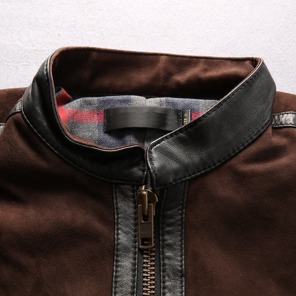 OEM Bespoke Factory Direct Sale Cheap Distressed Retro Suede Cow Skin Men's Stand Collar Brown Genuine Leather Jackets