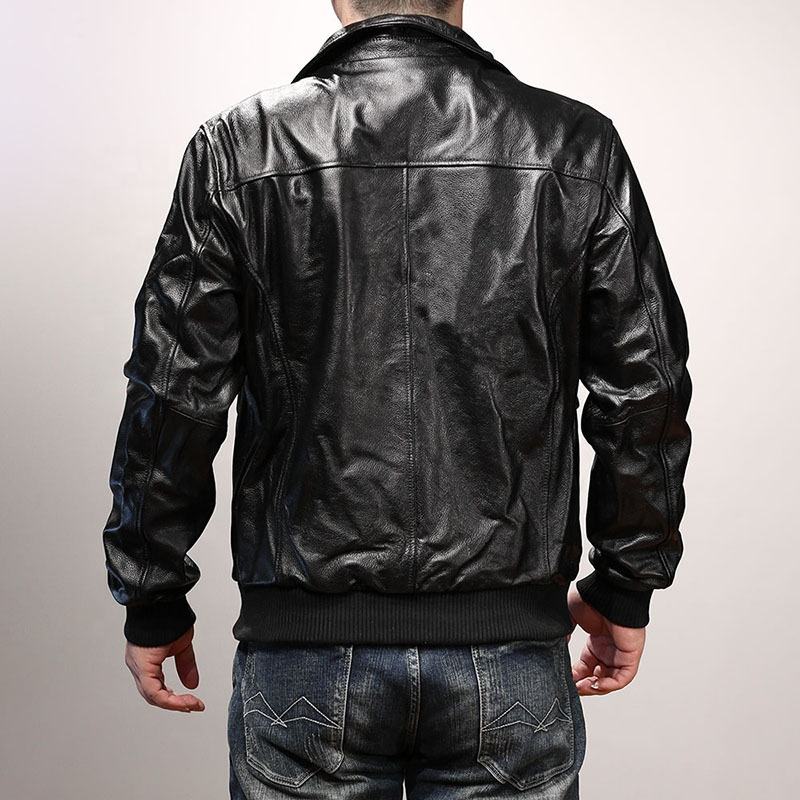 OEM Factory Customized G1 Bomber pilot Really Short Classic Red Check Lining Jacket Black Genuine Leather Coat Cow Skin Clothes