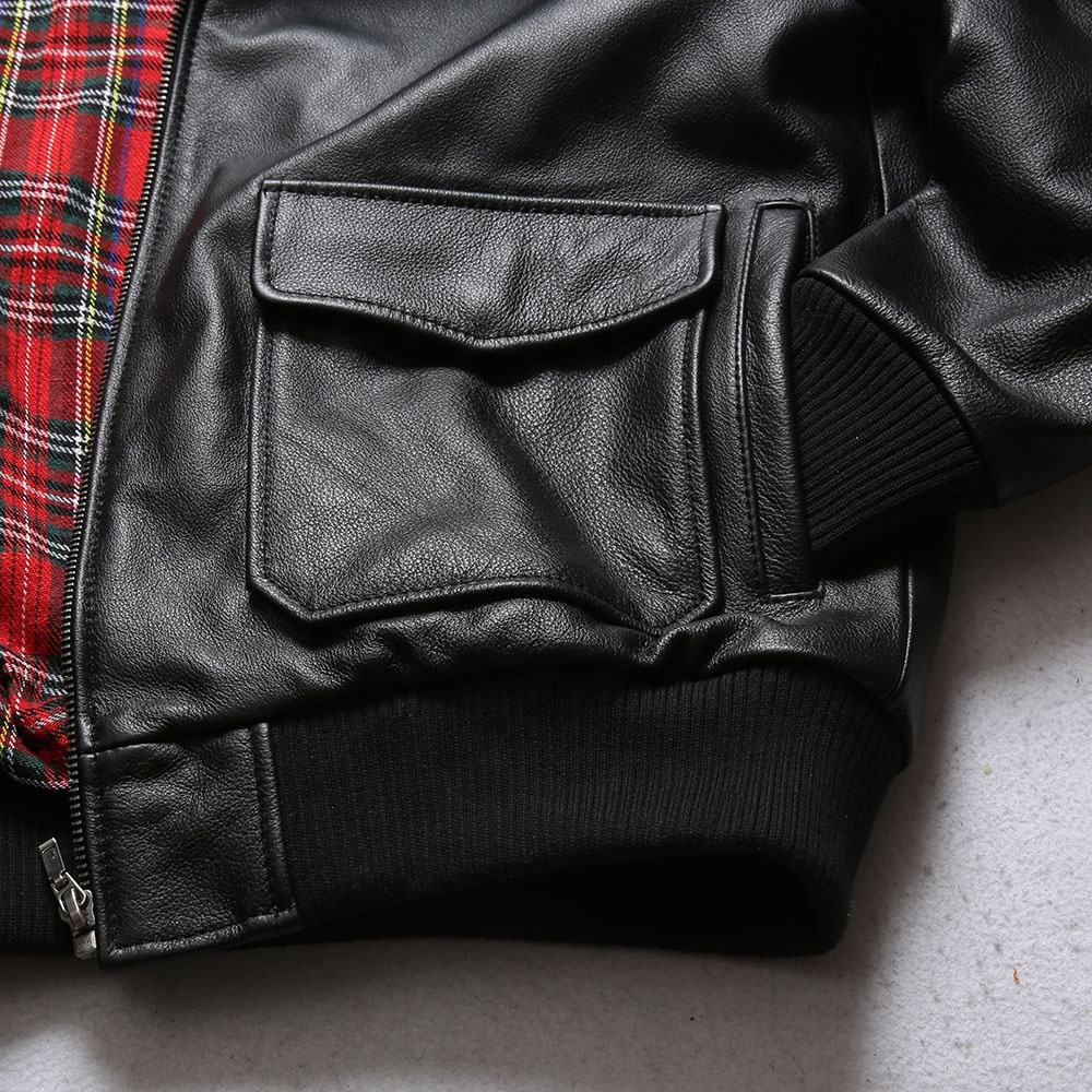 OEM Factory Customized G1 Bomber pilot Really Short Classic Red Check Lining Jacket Black Genuine Leather Coat Cow Skin Clothes