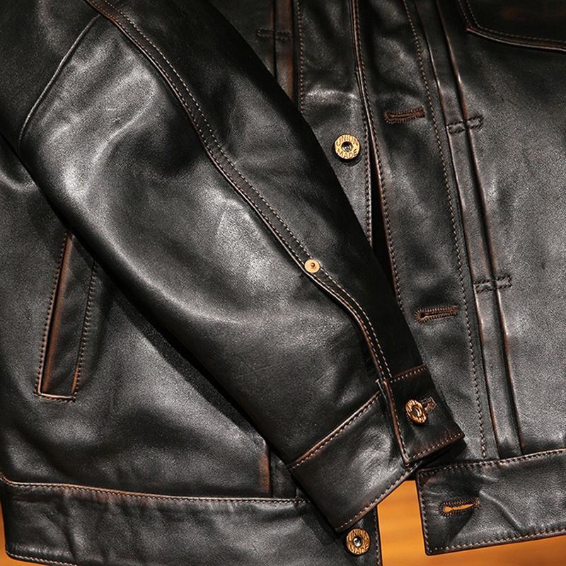 Customized Wholesale High Quality Genuine Leather Clothes Vintage Turn-down Collar Motorcycle Washed Cowskin Jacket Men