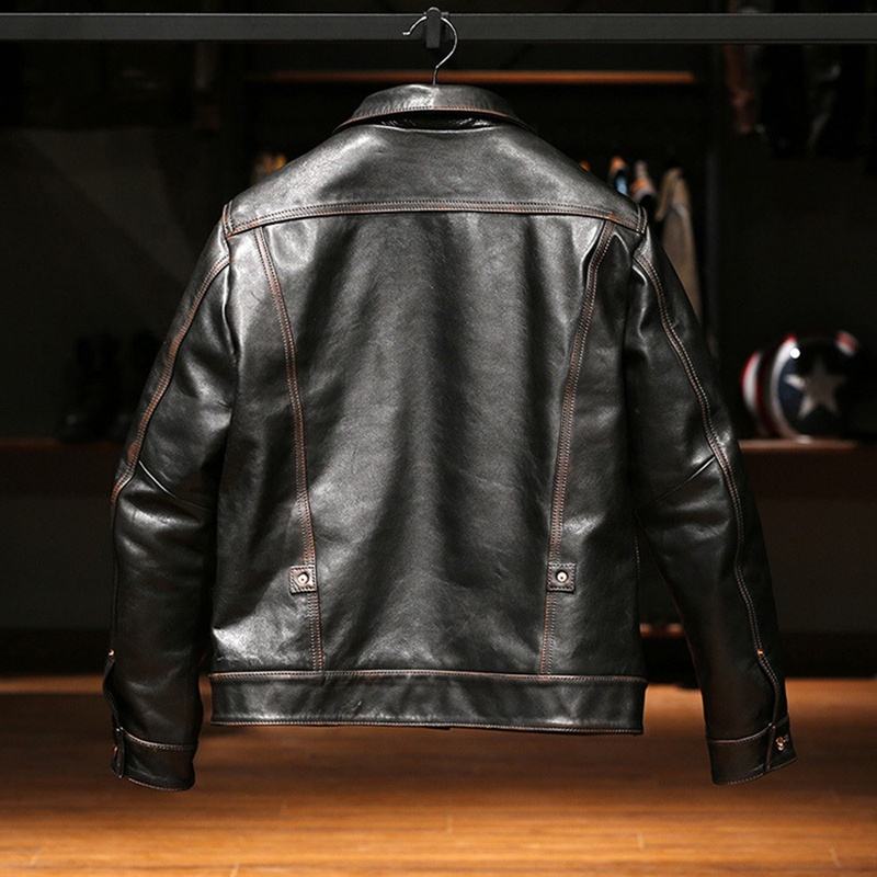Customized Wholesale High Quality Genuine Leather Clothes Vintage Turn-down Collar Motorcycle Washed Cowskin Jacket Men