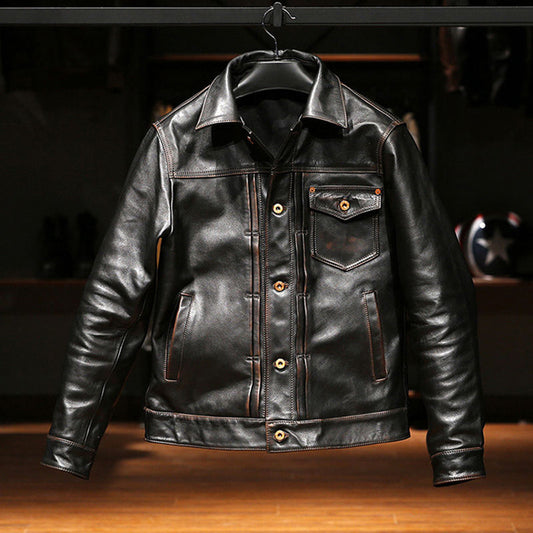 506 High Quality Genuine Leather Clothes Vintage Turn-down Collar Motorcycle Washed Men Cowskin Jacket