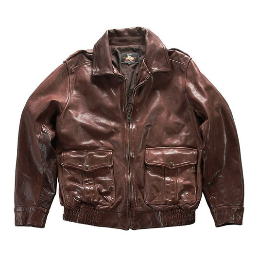A2 Classic High Quality Brown Black Heat Transfer logo Design Casual Breathable Outerwear Men's Slim Genuine Leather Jacket Coat