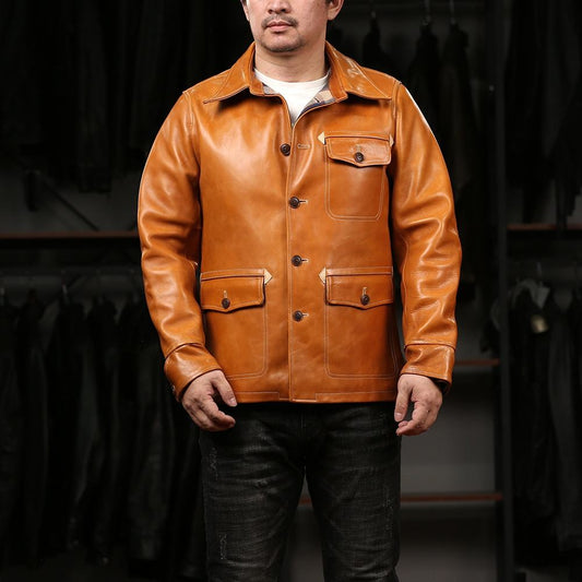 Factory Custom 100% Natural Genuine Leather Jackets Men's Orange Vibrant Multi-pocket Oil Waxed Dermis Cowhide Coat