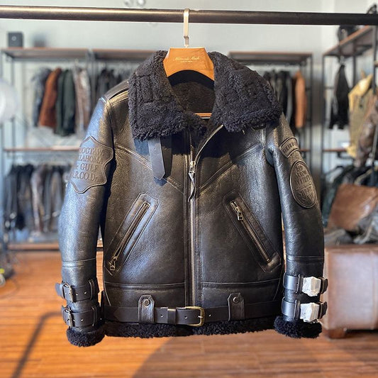 Winter New B3 Bomber Fashion Shearing Fur Thick Sheepskin Jacket Black Short Lapel Moto & Biker Embossed Men's Sheephide