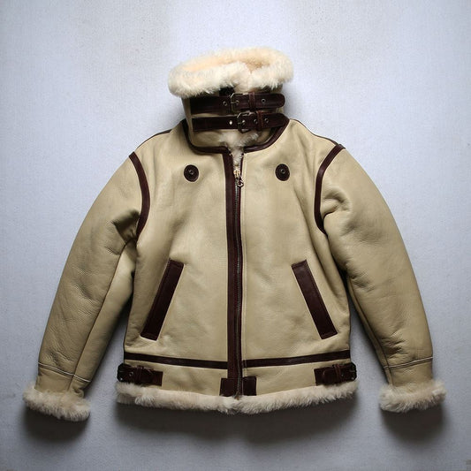 Hot Selling Custom Men's RAF Flight Aviator Fur Shearling Real Sheepskin B3 Bomber pilot White Genuine Leather Jacket White Coat