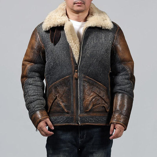 Vintage D3 Bombardier Sheep Skin Jacket Real Fur Denim Leather Sheepskin Coat Men's Winter