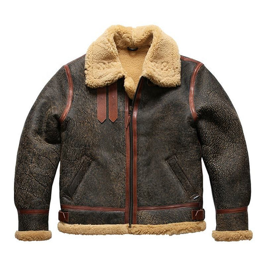 Customize Factory Outlet Retro Distressed B3 Sheep Fur Aviator Pie Overcome Men's Lapel Casual Brown Horse Leather With Fur Coat