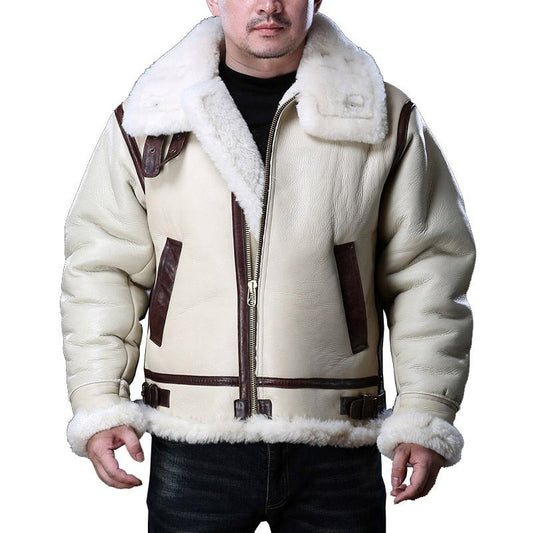 Hot Selling Custom Cool Style Men's RAF Flight Aviator Fur Shearling Real Sheepskin B-3 Bomber Leather Jacket White