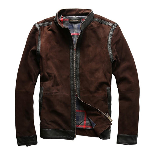 OEM Bespoke Factory Direct Sale Cheap Distressed Retro Suede Cow Skin Men's Stand Collar Brown Genuine Leather Jackets
