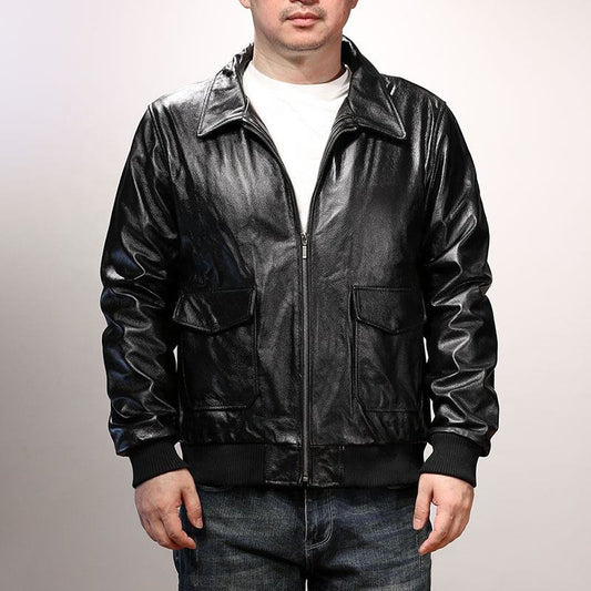OEM Factory Customized G1 Bomber pilot Really Short Classic Red Check Lining Jacket Black Genuine Leather Coat Cow Skin Clothes